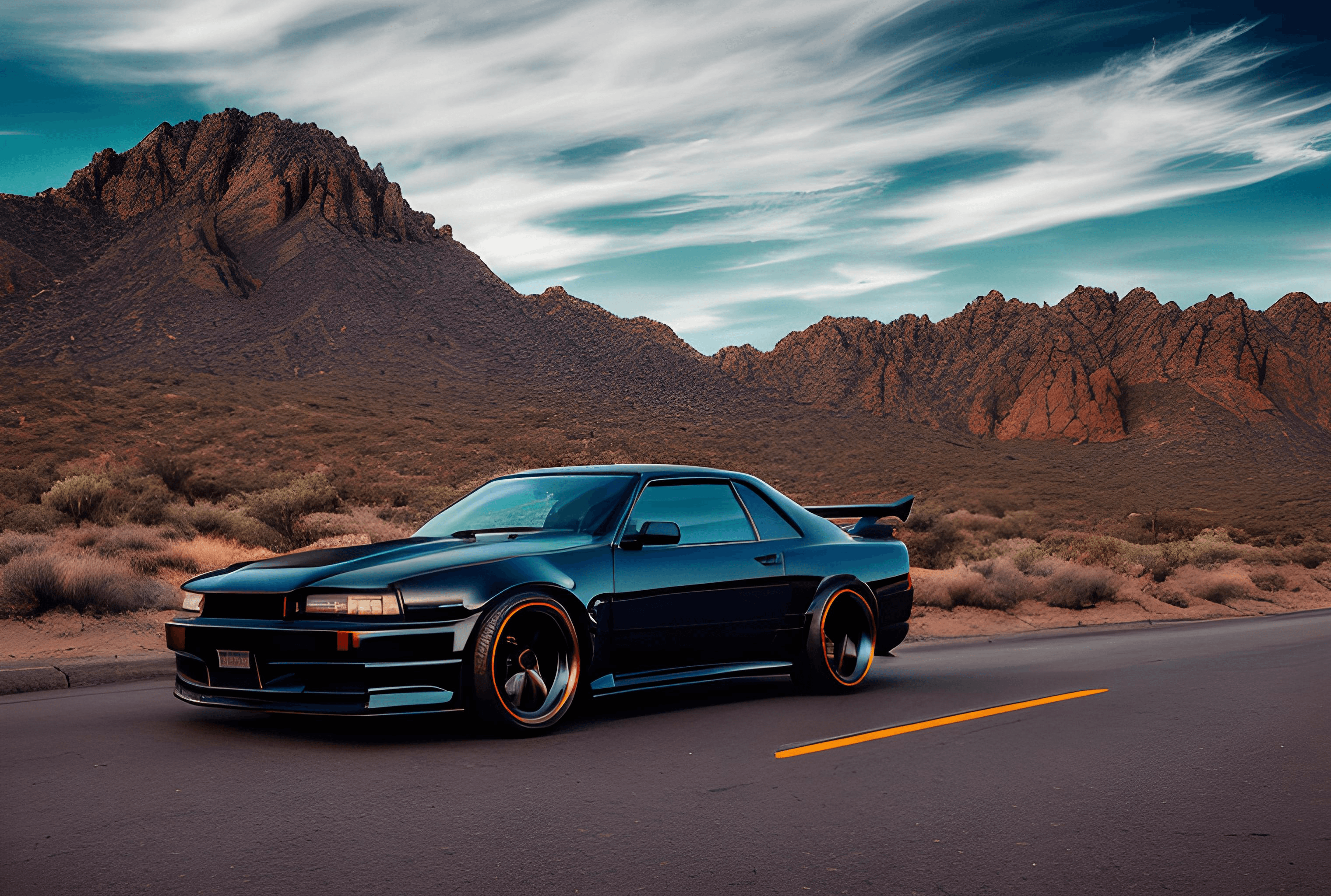Blue car on a desert road