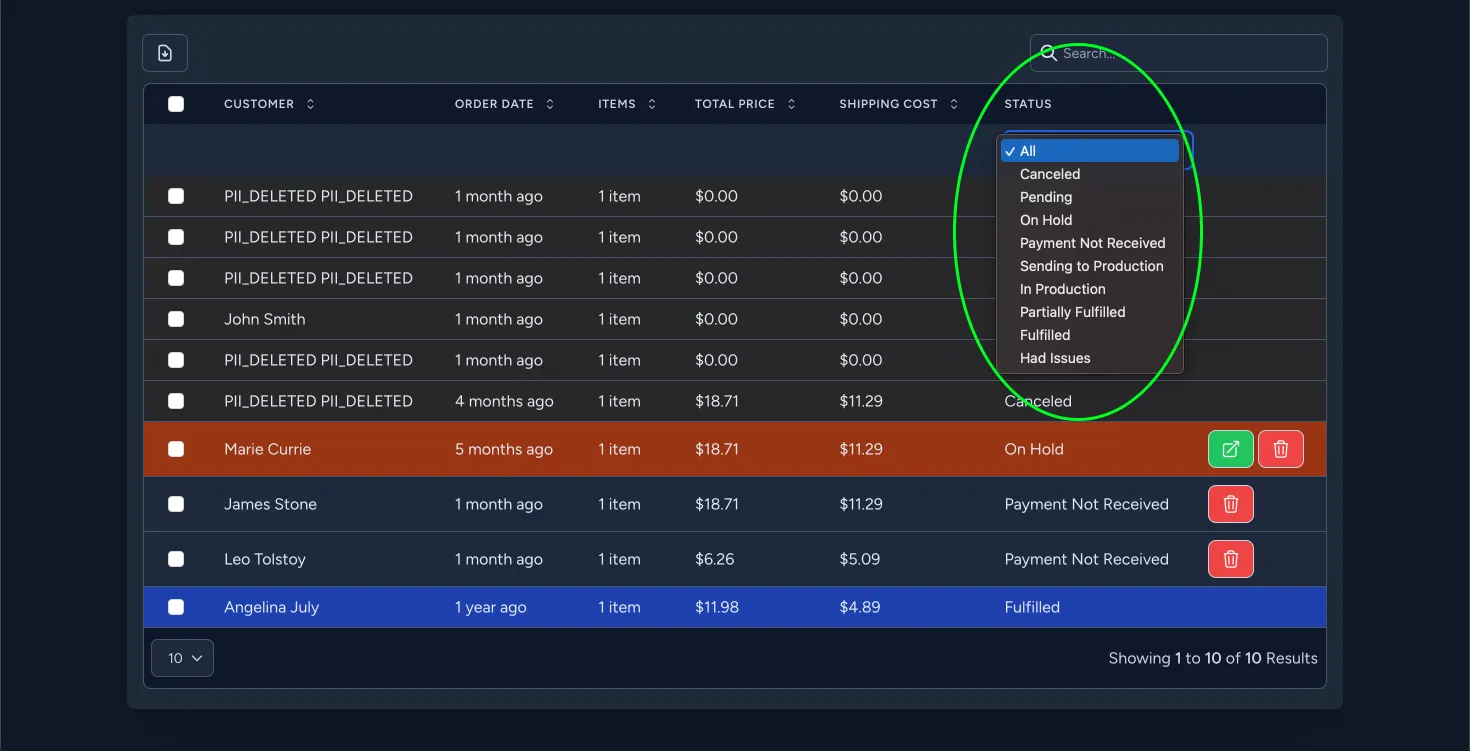 Orders Grid status filter
