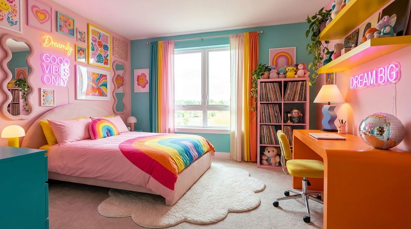 A bright bedroom representing dopamine decor