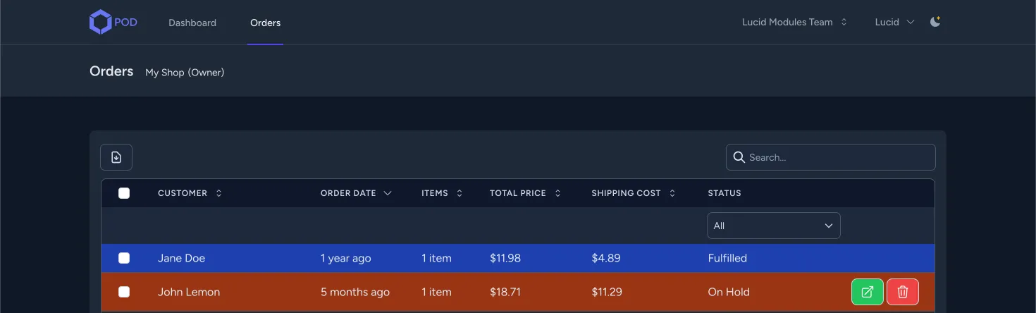 Lucid Modules POD Hub Orders Grid