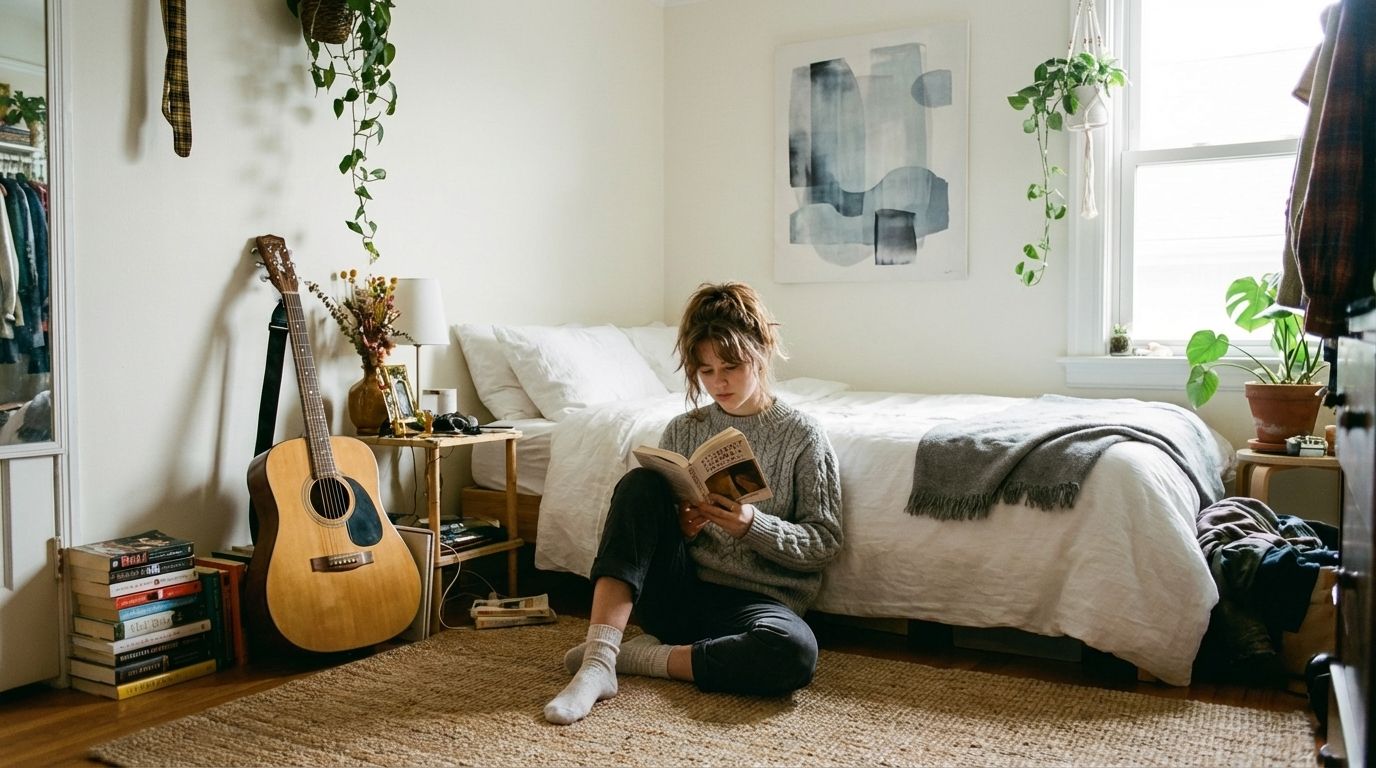 A young woman sitting in a millennial style room