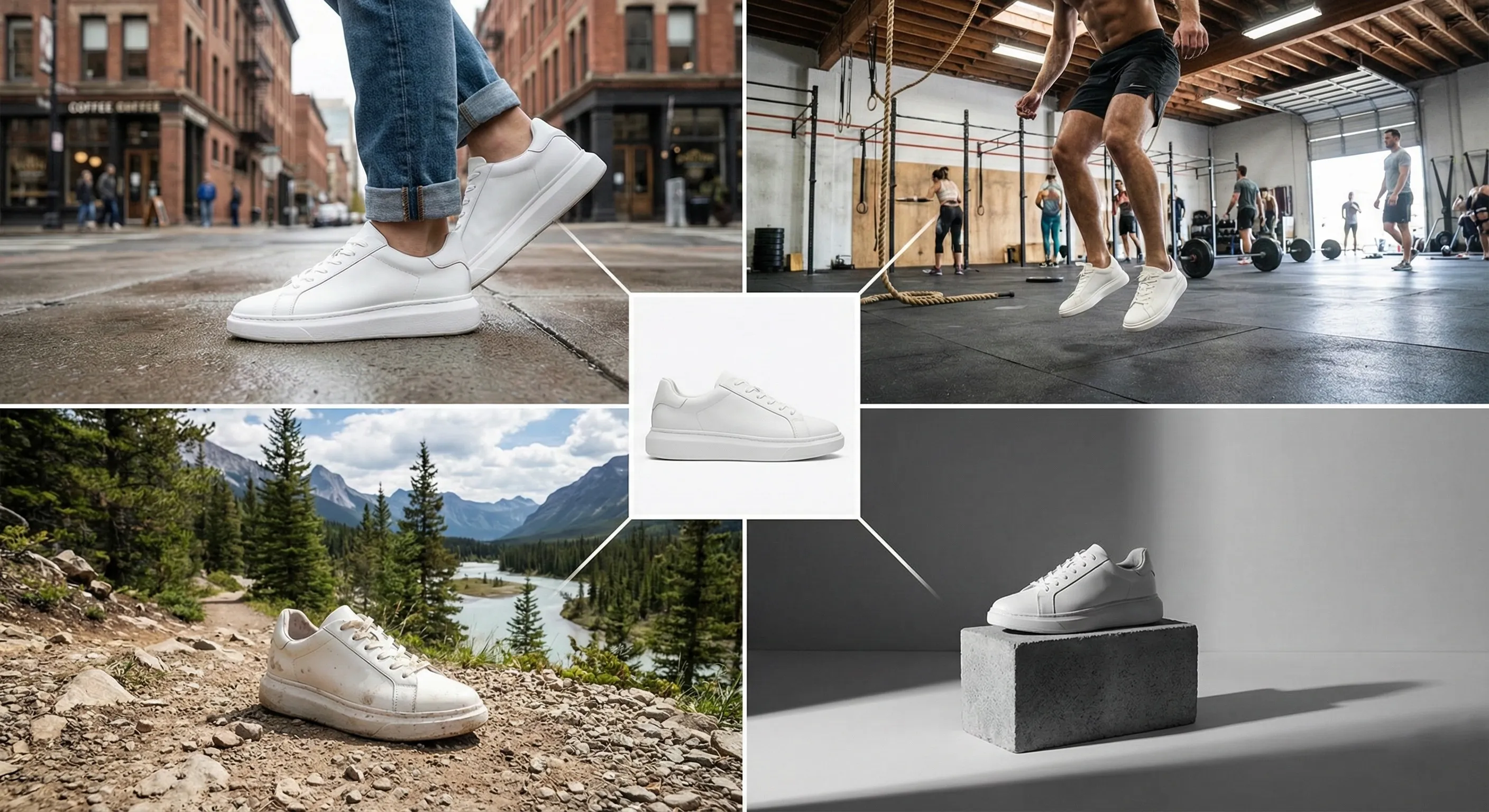 A shoe presented in various environments.