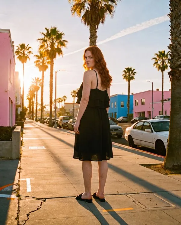 Model in a black ruffle dress on a sunny Los Angeles sidewalk with palm trees