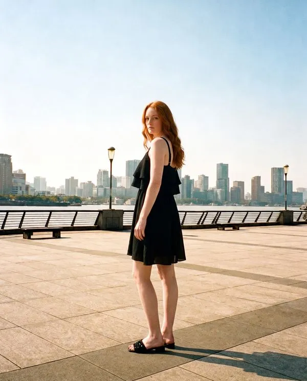 The same dress on a riverside promenade with a city skyline