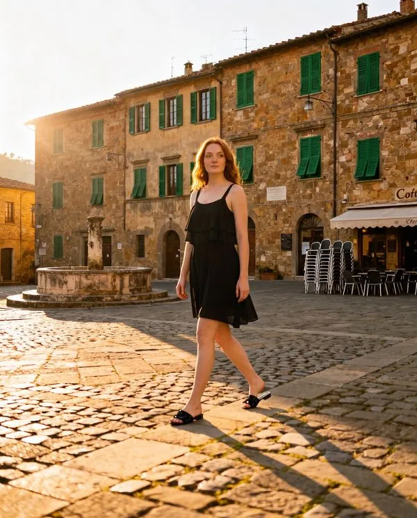 The same dress in a Tuscan town piazza in morning light
