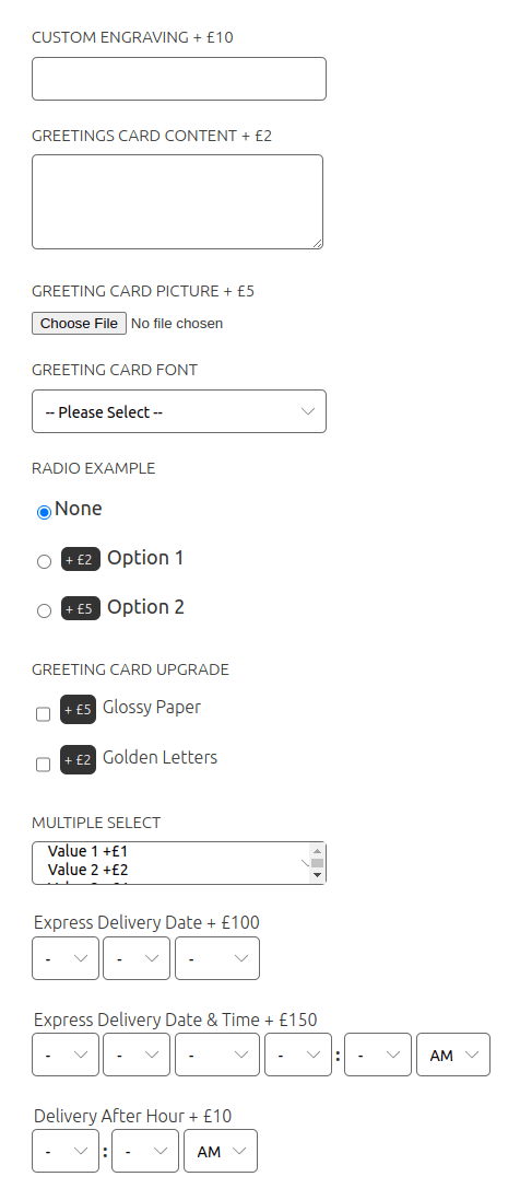All available Customizable Options' input types in Magento 2