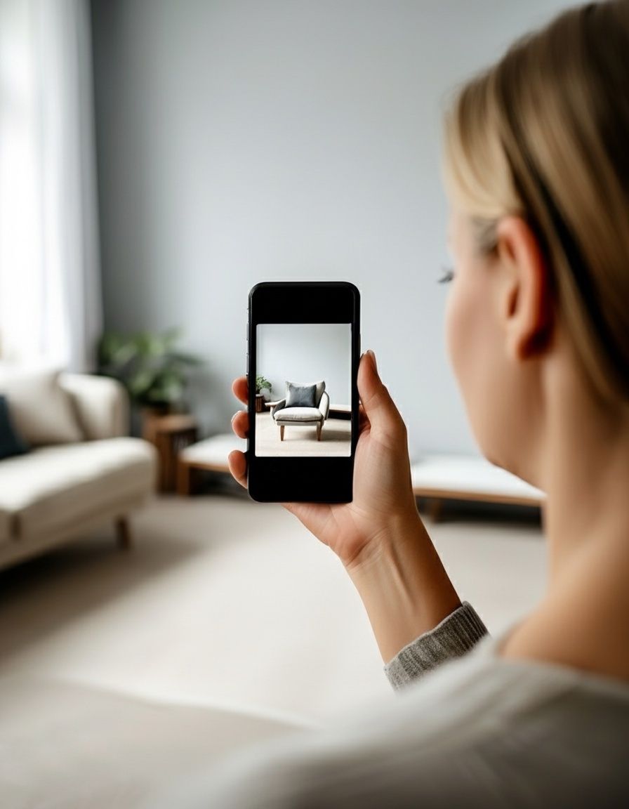 A woman using an AR app in the living room