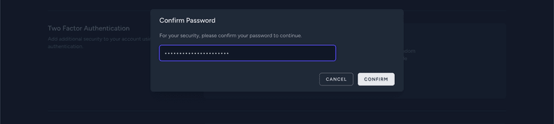 TFA Confirm password dialog window.