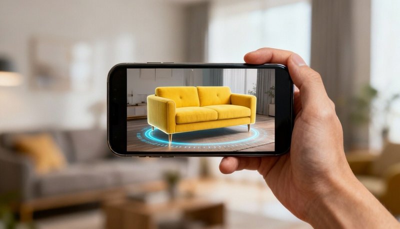 A hand holding phone that displays AR sofa