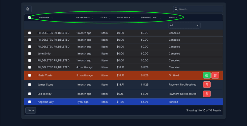 Orders Grid filters