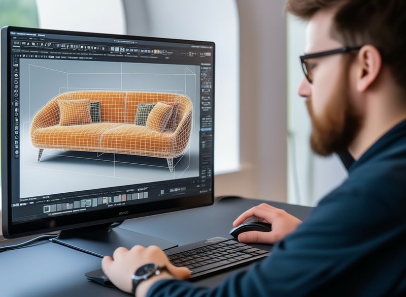 3D Graphics Designer modelling the orange sofa