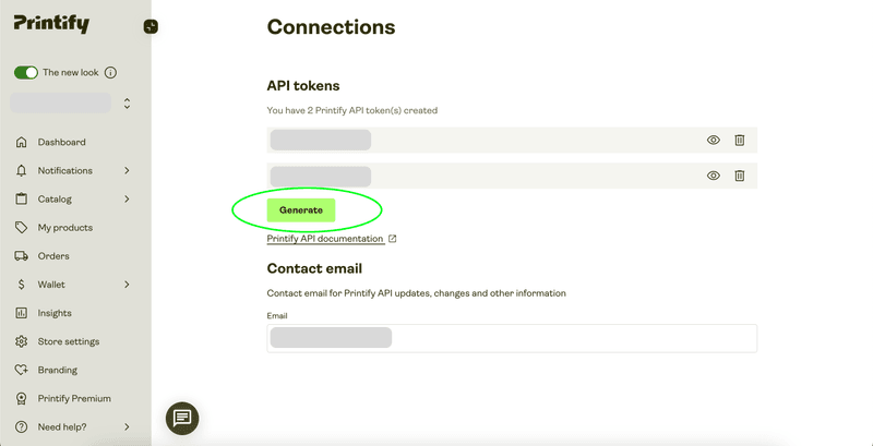 Printify connections Api token page