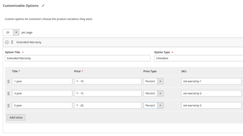 Extended Warranty as Checkbox type Customizable Option in Magento 2 Admin Panel