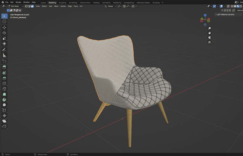 Blender3D screenshot of chair in edit and object modes