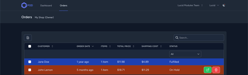 Lucid Modules POD Orders Grid