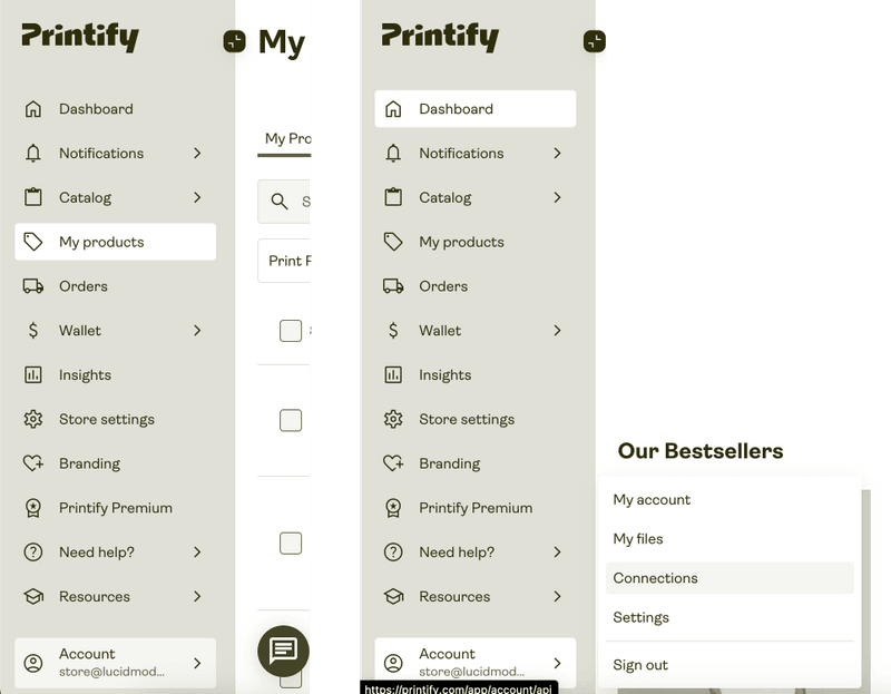 Printify connections menu