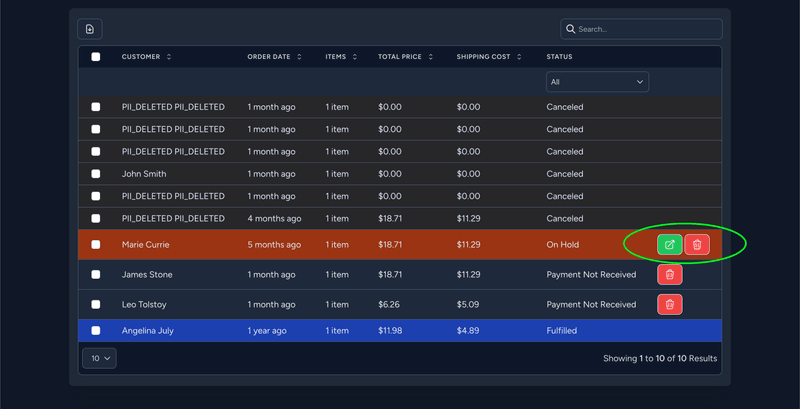 Orders Grid actions