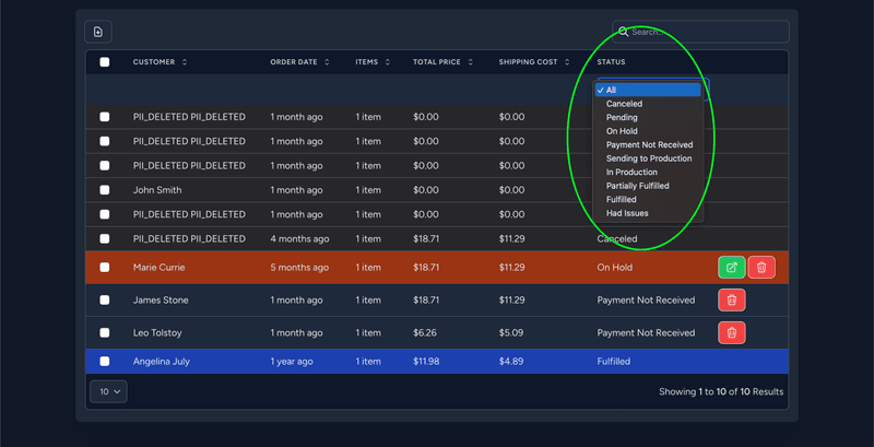 Orders Grid status filter